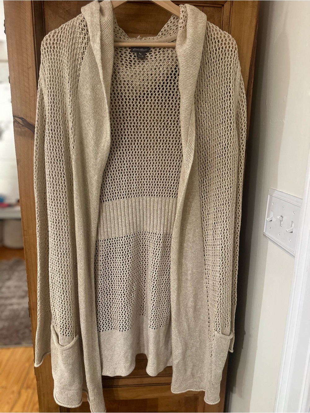 Eddie Bauer Open-Knit Hooded Cardigan Beige Cream Medium Linen Cotton Blend